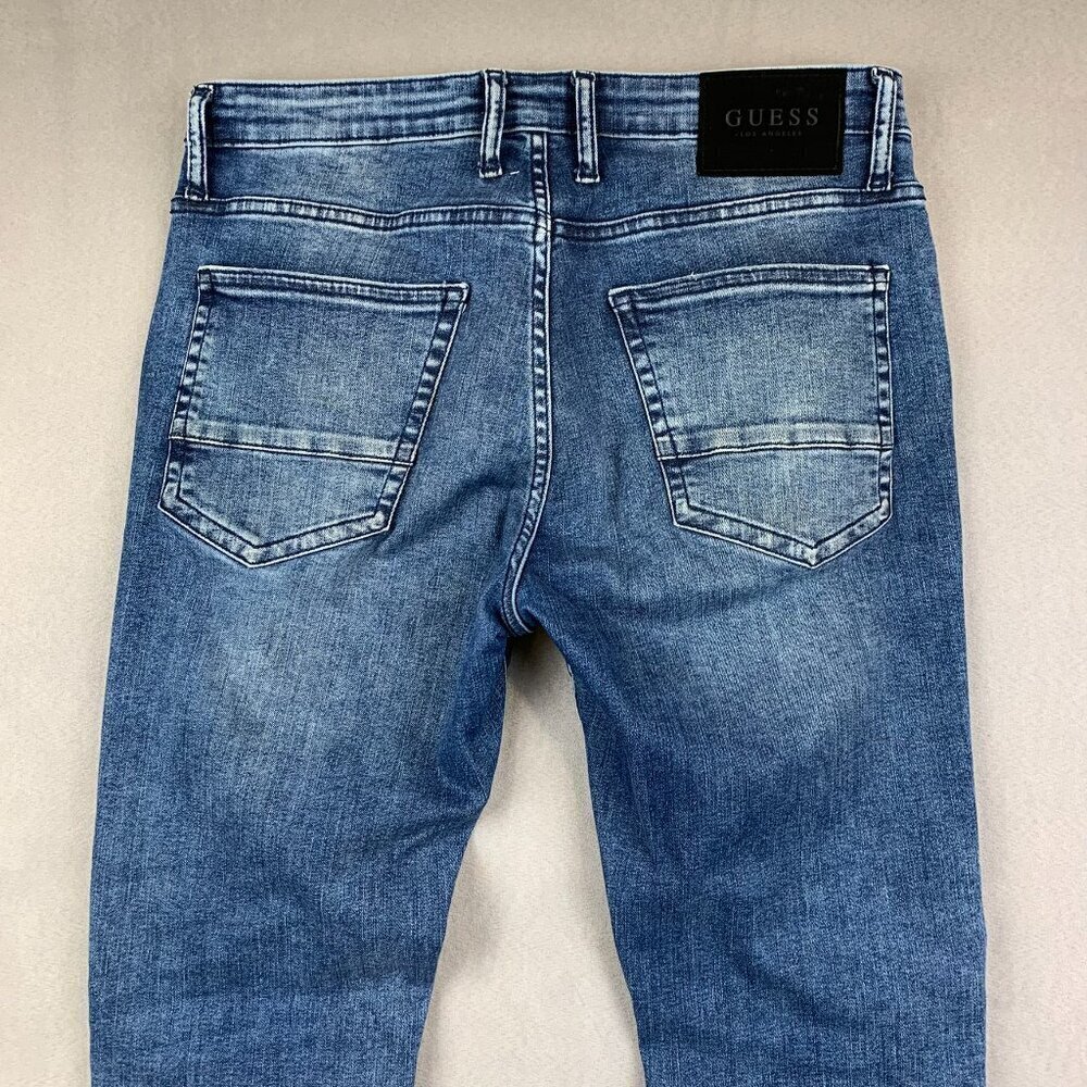 Guess Mens Pants 32 Blue Distressed Moto Jeans Slim Ripped Streetwear 32x30 - Picture 10 of 12
